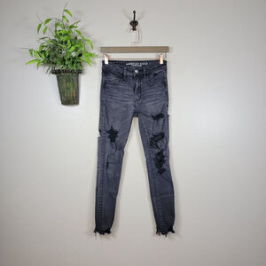 American Eagle Jeans Hi Rise Jegging Distressed Skinny Black Ripped Chewed AE 2